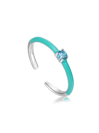 Teal Enamel Silver Adjustable Ring