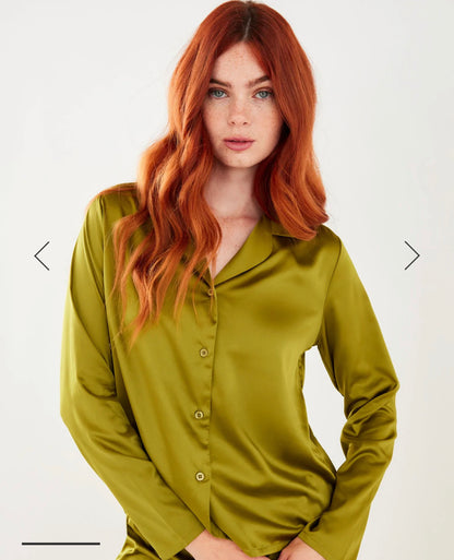 Olive Satin Slim Button Up Long Pyjama Set