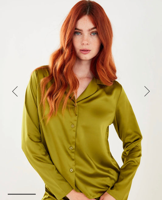 Olive Satin Slim Button Up Long Pyjama Set