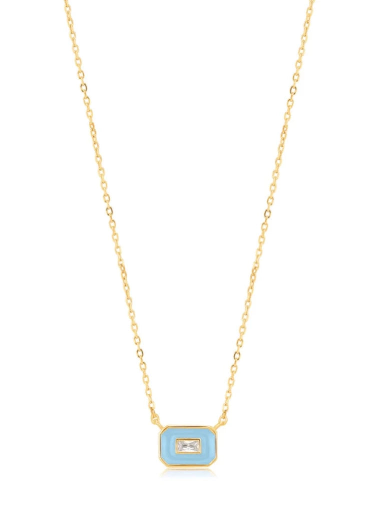 Powder Blue Enamel Gold Emblem Necklace