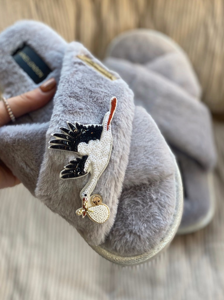 Ultralight chic grey slipper/sliders with premium Baby Stork brooch