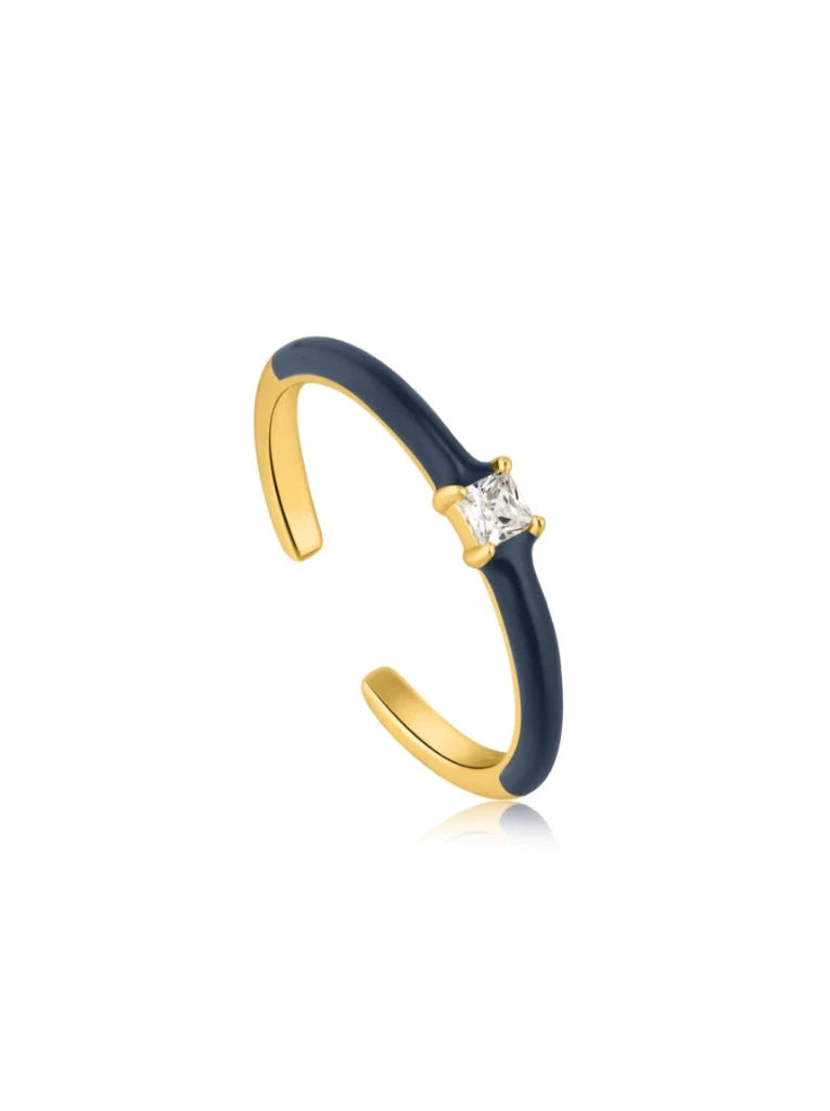 Navy Blue Enamel Gold Adjustable Ring
