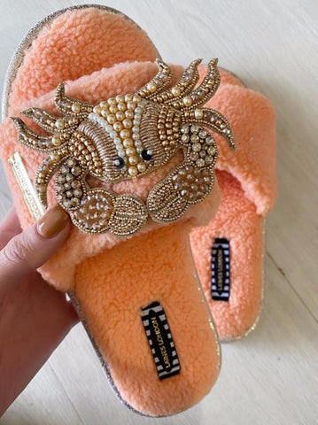 Teddy towelling slipper sliders with Artisan gold crab on Coral Orange
