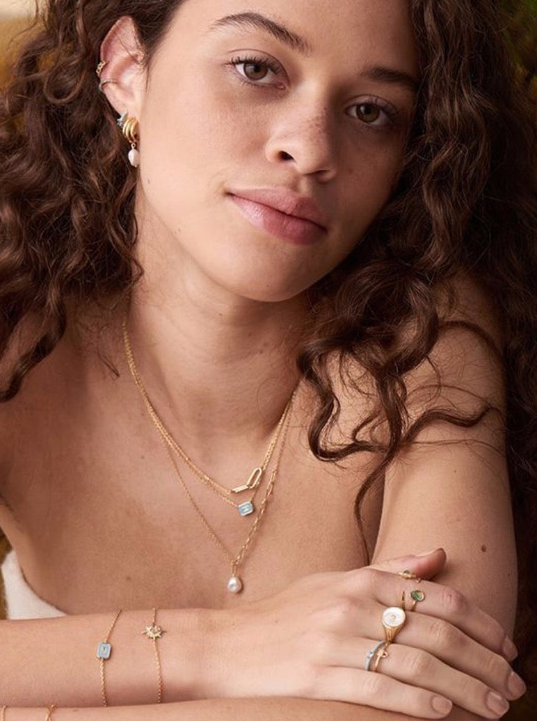 Powder Blue Enamel Gold Emblem Necklace