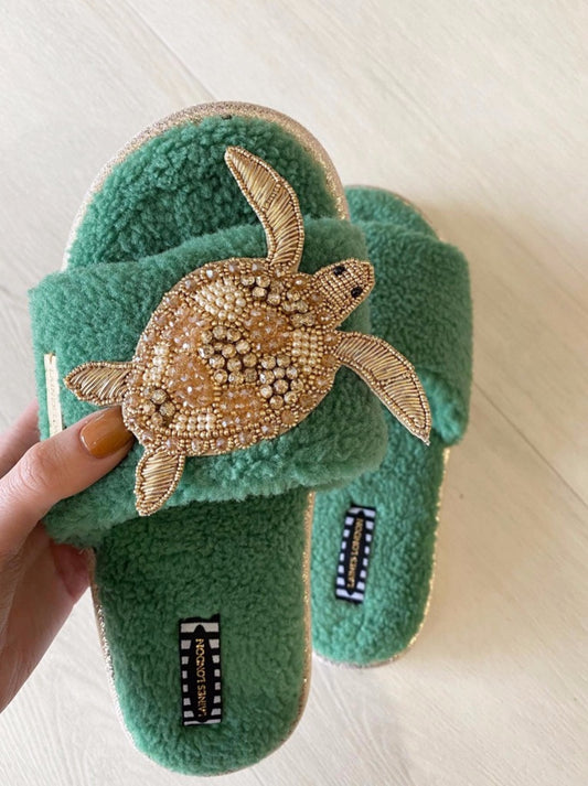 Teddy Towelling slipper/sliders with artisan gold turtle - Emerald