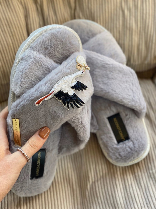 Ultralight chic grey slipper/sliders with premium Baby Stork brooch