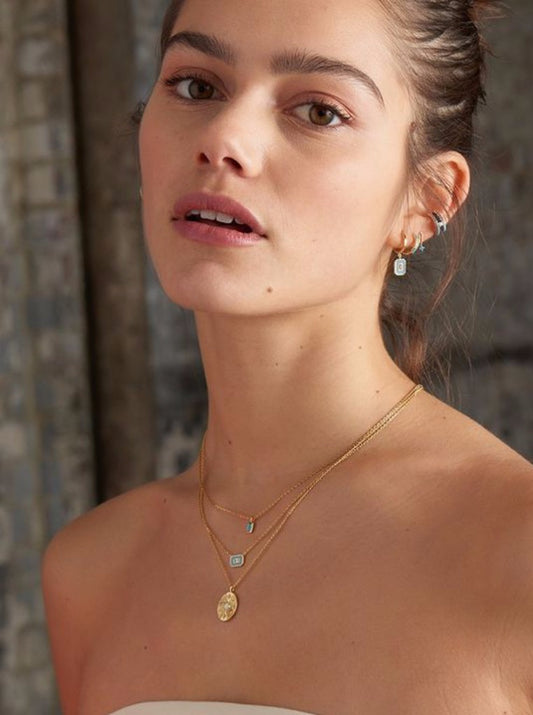 Powder Blue Enamel Emblem Gold Hoop Earrings