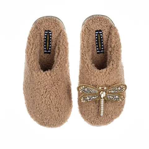 Teddy closed toe toffee slippers with dragonfly