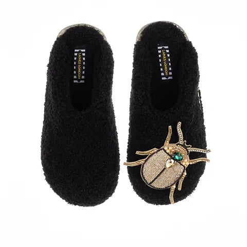 Teddy closed toe black slippers with beetle