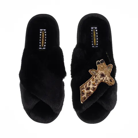 Deluxe Black Classic Slippers with giraffe