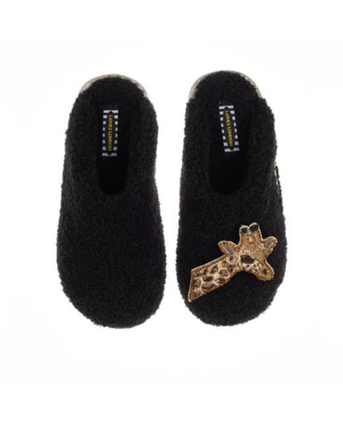 Teddy closed toe Black slippers with giraffe