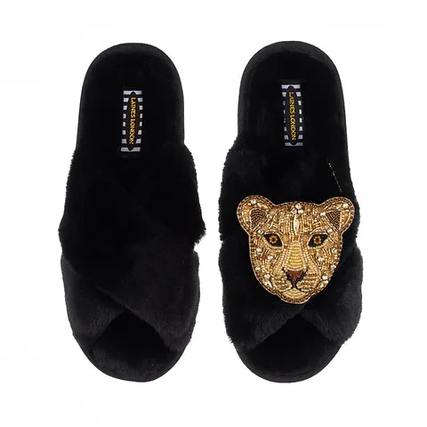 Deluxe black classic slippers with lioness